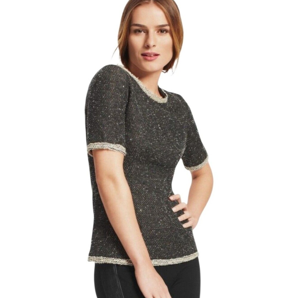 CAbi Coco Shell Tweed Sweater Top M Gray Boucle Short Sleeve Back Zip Old Money